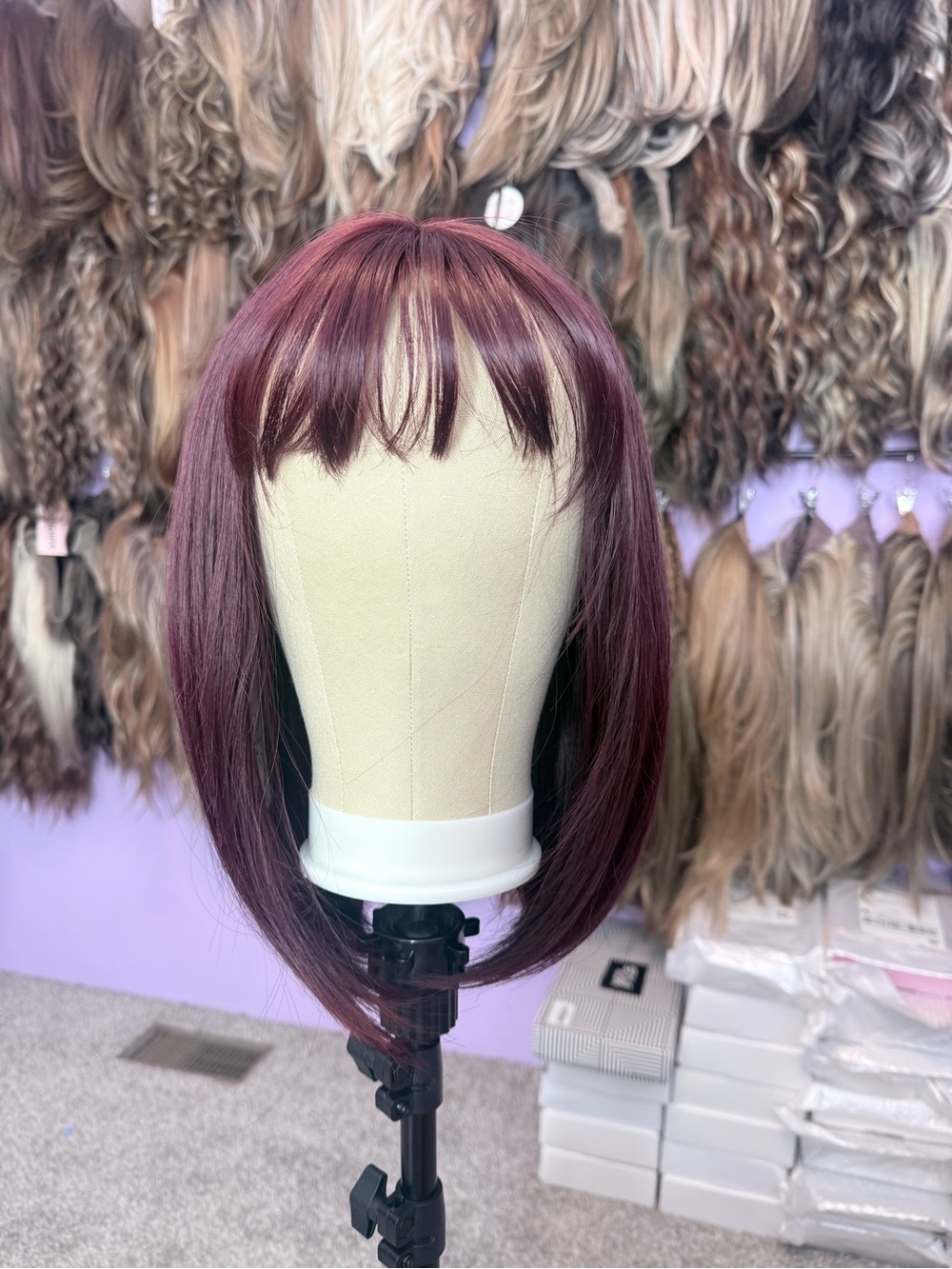 Burgundy Straight Bob Wig with Bangs - Women's Hair